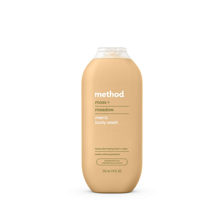 Method bottle front packaging showing mossy scent and 18 oz sizing benefit