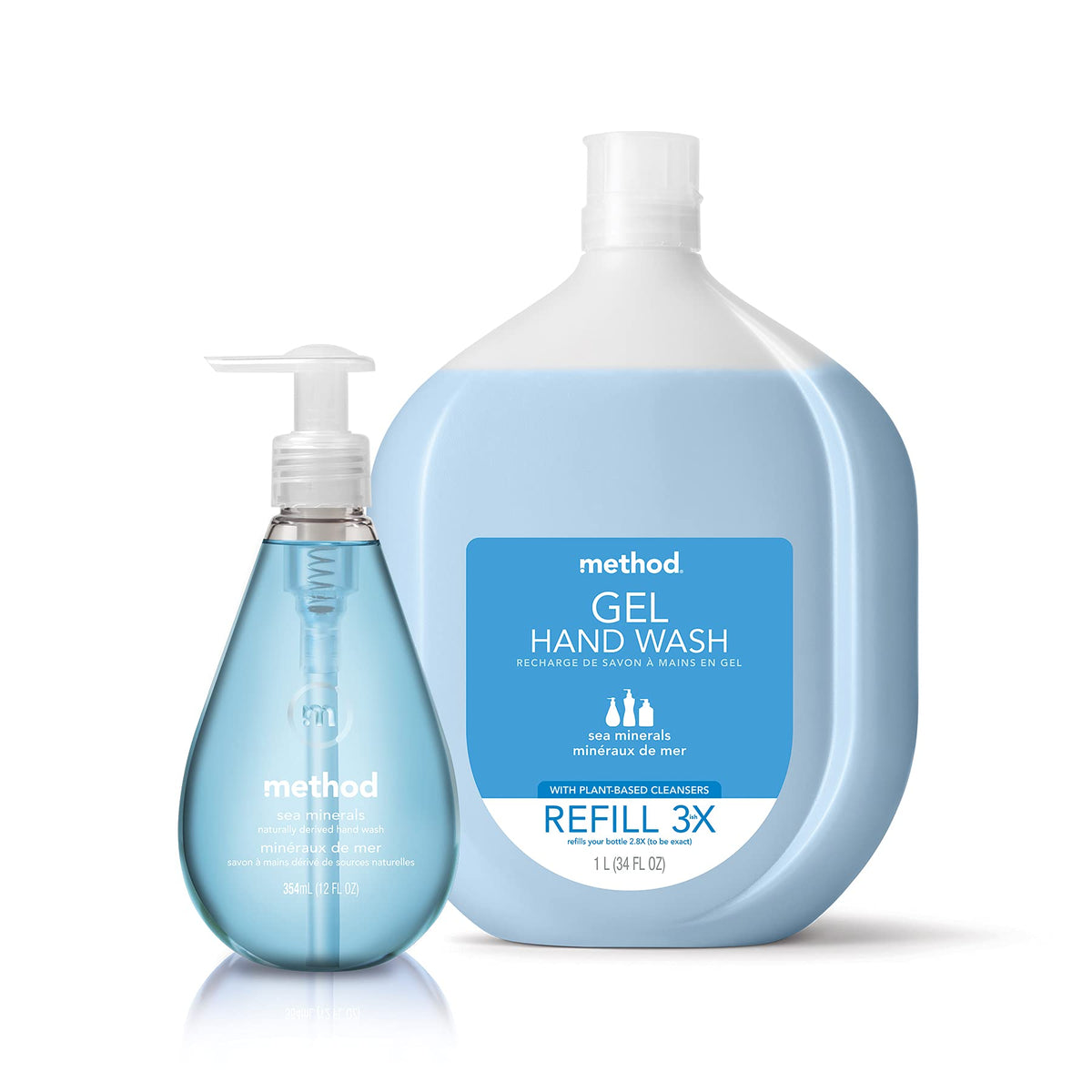 Method bottle on bathroom sink illustrating convenient placement and quick handwash benefit