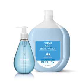 Method bottle on bathroom sink illustrating convenient placement and quick handwash benefit