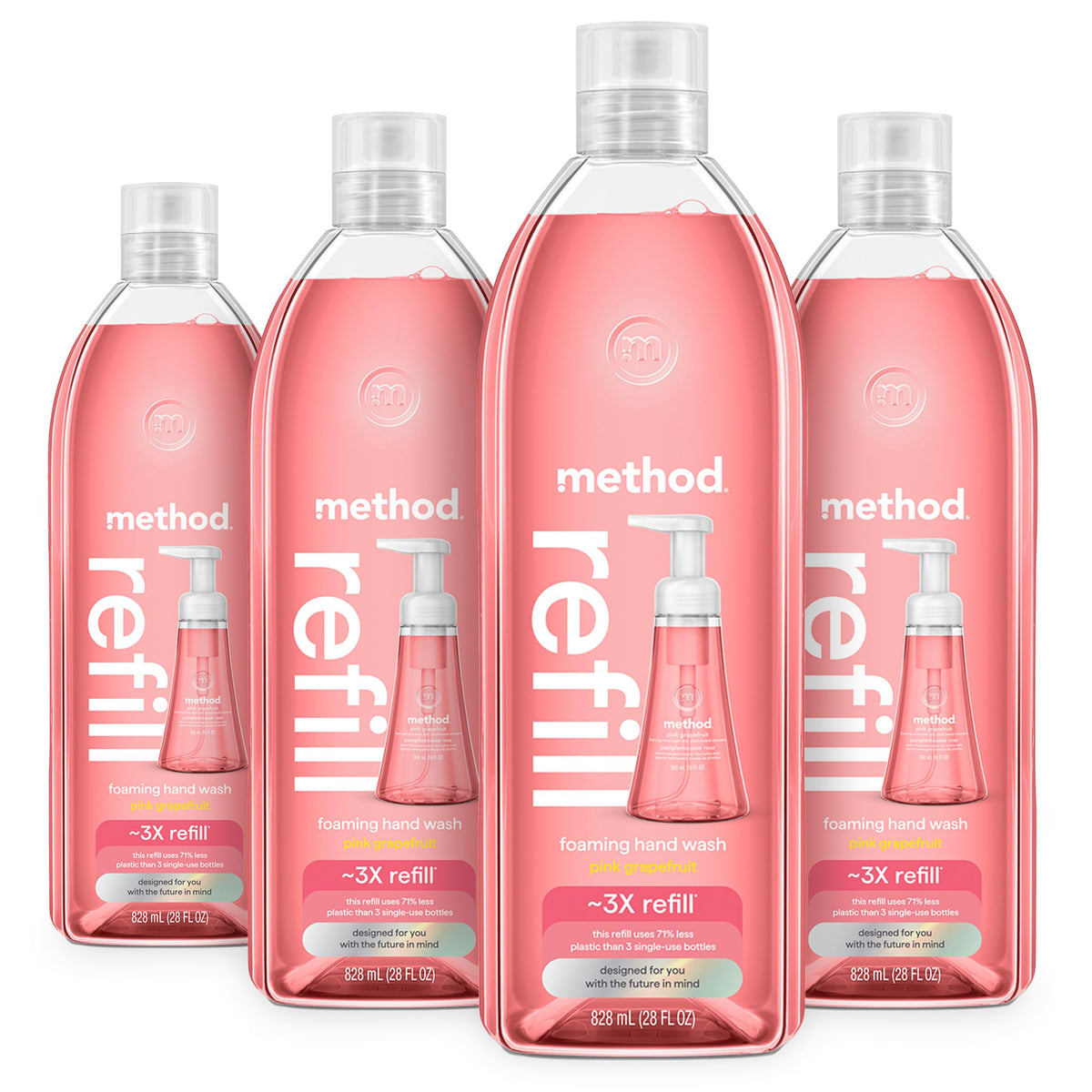 Method front packaging showing 28 fl oz recyclable refill and pink grapefruit scent benefit