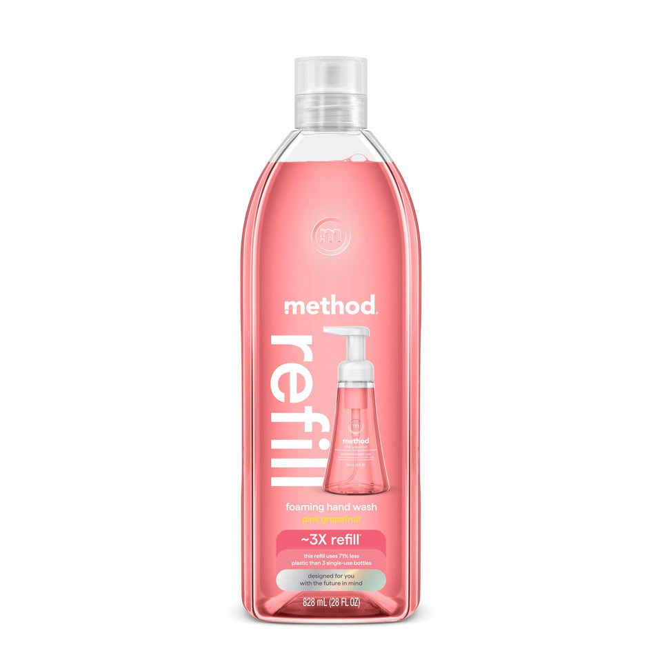 Method front packaging showing 28 oz refill tub and clear product branding, easy refill benefit