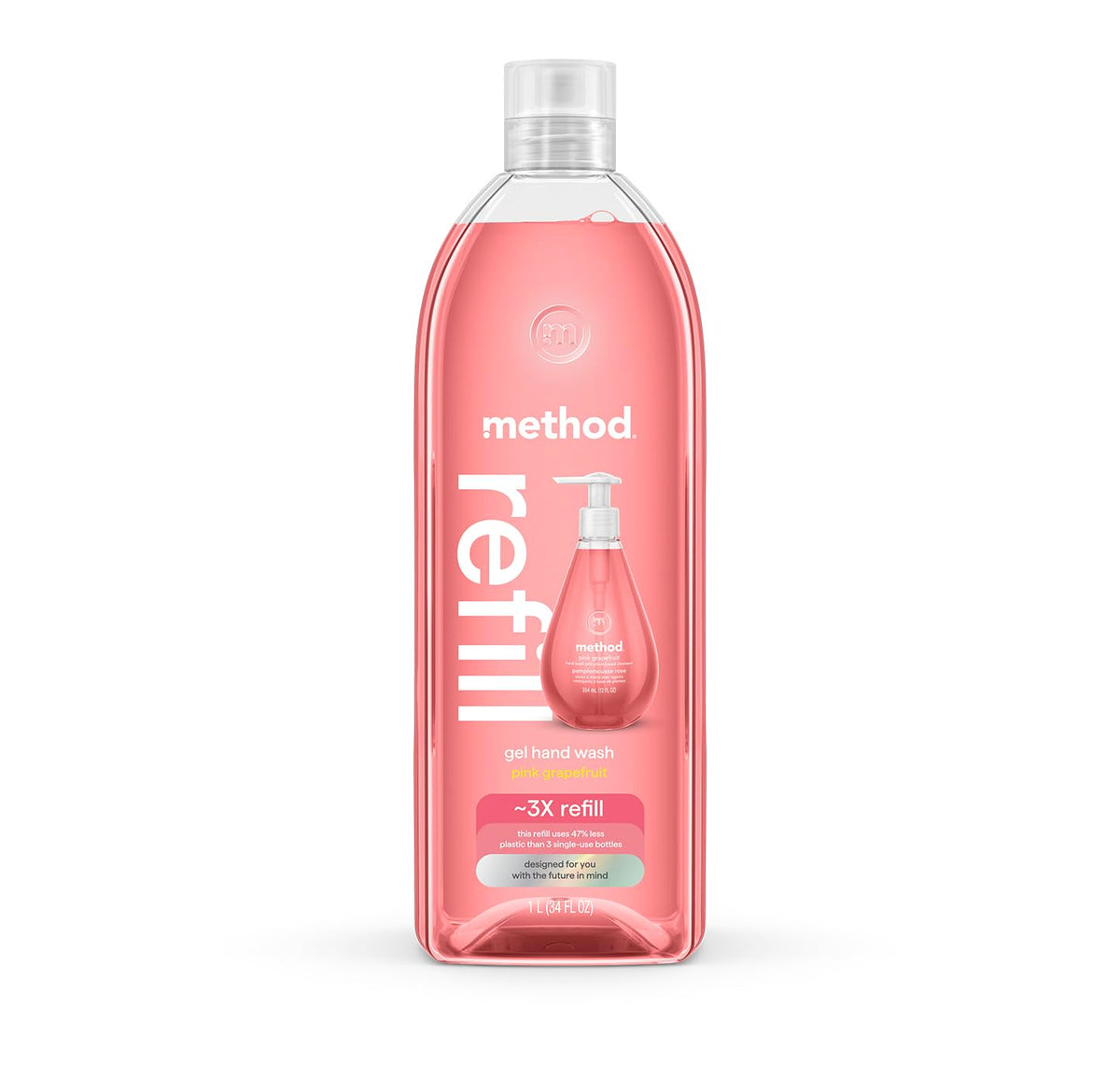 Method pink grapefruit front tub showing label and 34 oz capacity benefit