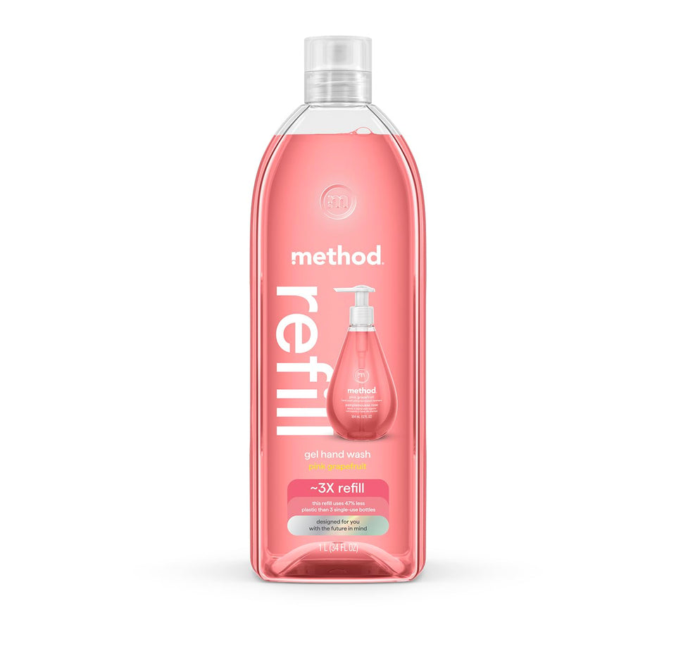 Method pink grapefruit front tub showing label and 34 oz capacity benefit
