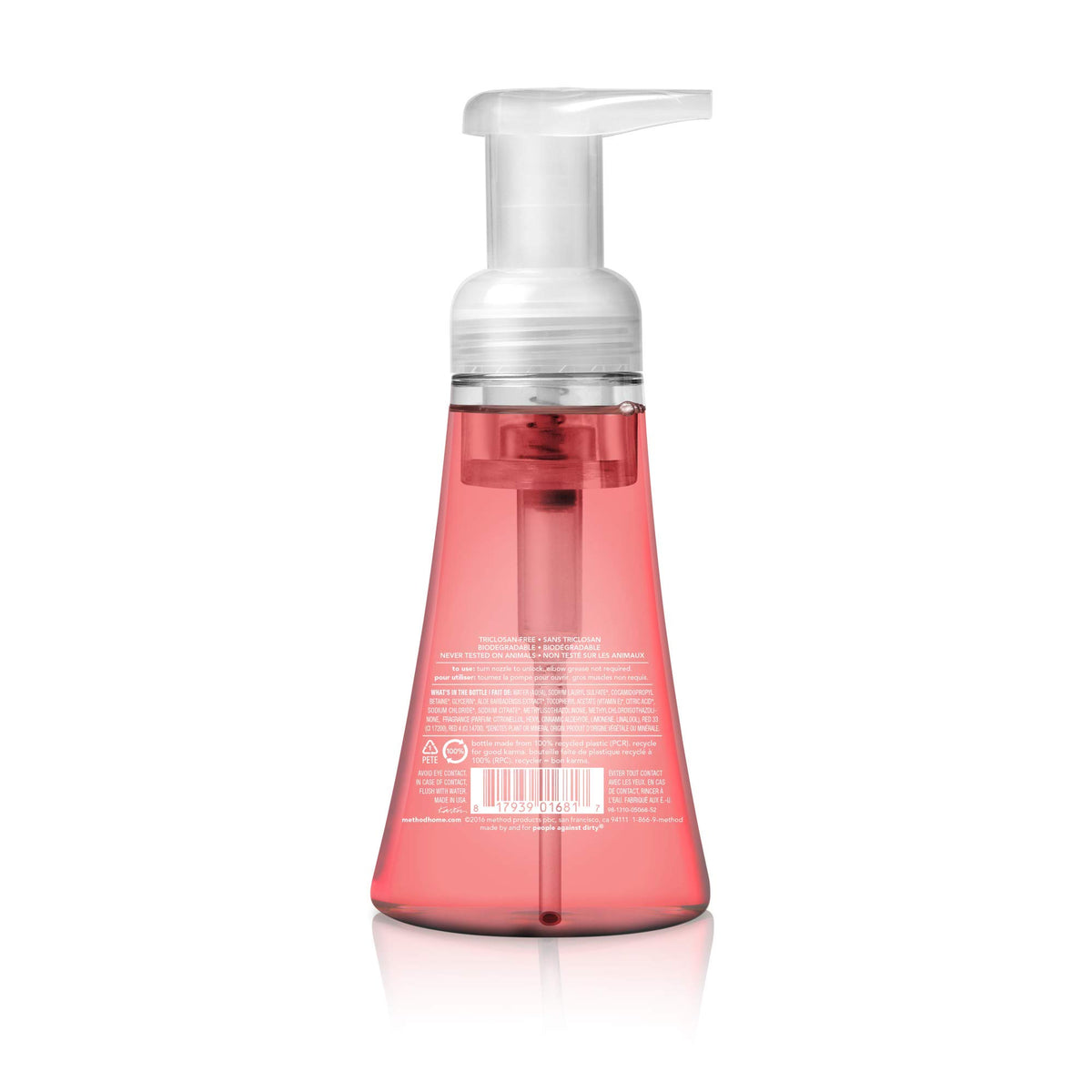 Method pump dispensing pink grapefruit foam close-up demonstrating creamy texture and easy spread