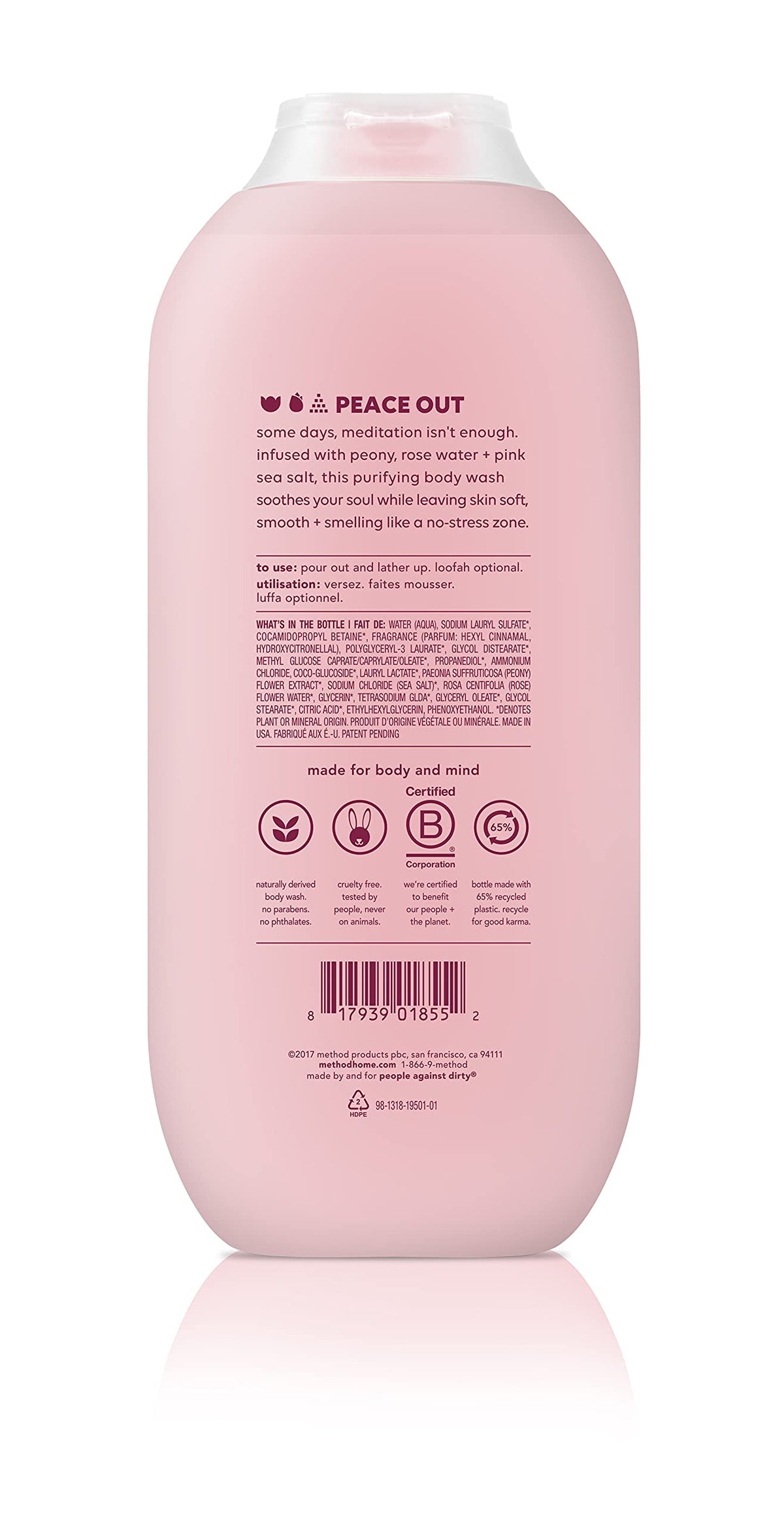 Method back label close-up listing ingredients and usage benefits