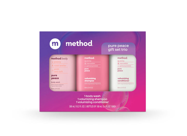 Method Pure Peace front packaging showing three travel bottles, convenient travel-ready