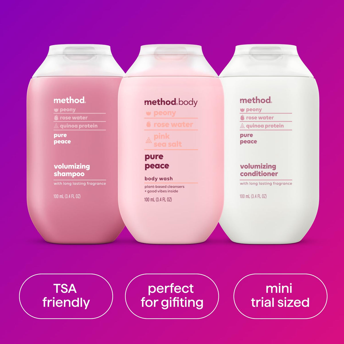 Method Pure Peace bottles tucked inside a backpack for easy travel
