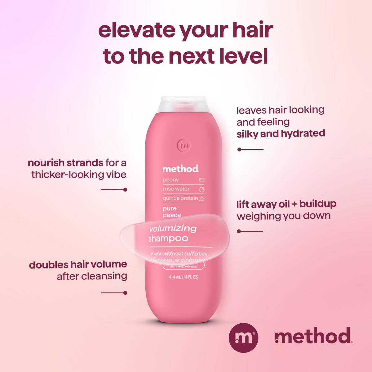 Method shampoo held in hand showing 14 oz size and travel-friendly scale