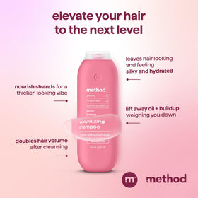 Method shampoo held in hand showing 14 oz size and travel-friendly scale