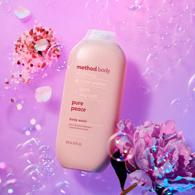 Method body wash in use in shower demonstrating gentle cleansing benefit