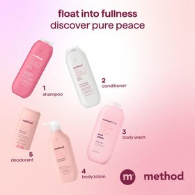 Method shampoo in shower lifestyle scene conveying calming scent and routine benefit