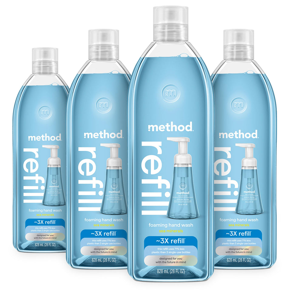 Method sea minerals front packaging showing four recyclable refill bottles and eco benefits