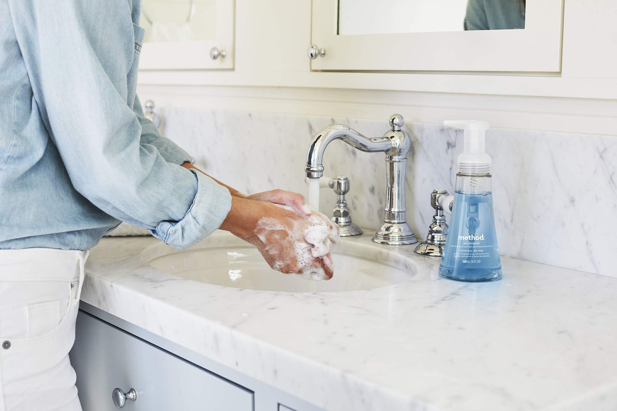 Foamy lather from Method Sea Minerals on hand, gentle-feeling foam