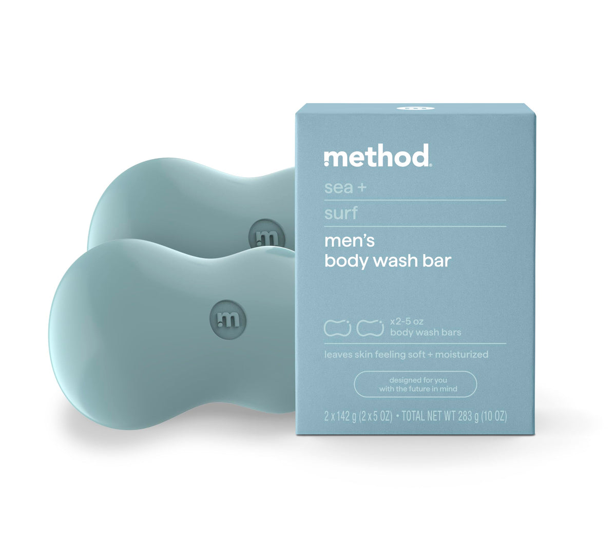 Method Sea + Surf front packaging showing two plastic-free bars and benefits
