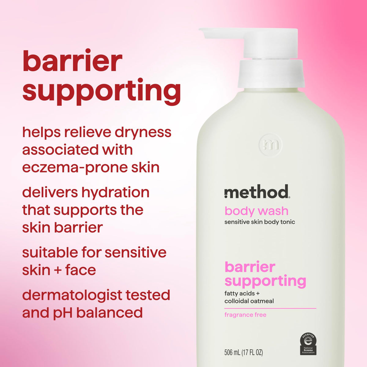 Method pump and label detail showing ingredients and easy dispense benefit