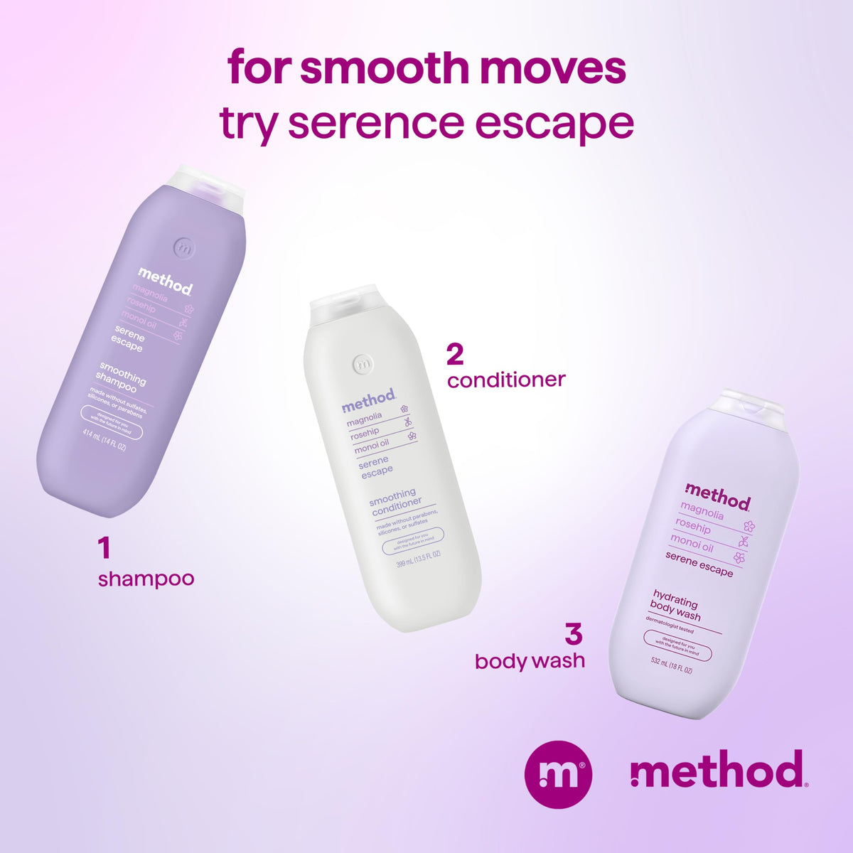 Method Serene Escape bottle highlighting 80% recycled plastic content and sustainability