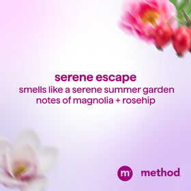 Method Serene Escape bottle in hand for size comparison and travel-friendly scale
