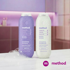 Method bottle on bathroom shelf suggesting sustainable routine benefit