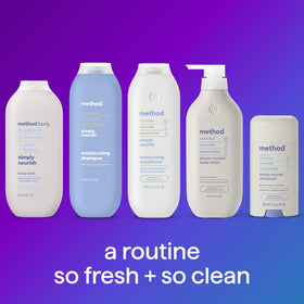 Method set styled in a bathroom to evoke relaxing, mood-setting shower time