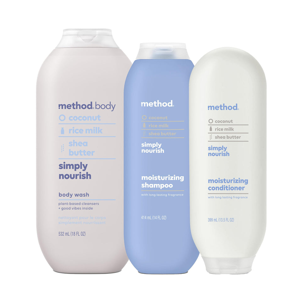Method front packaging showing three Simply Nourish bottles and gift-ready styling