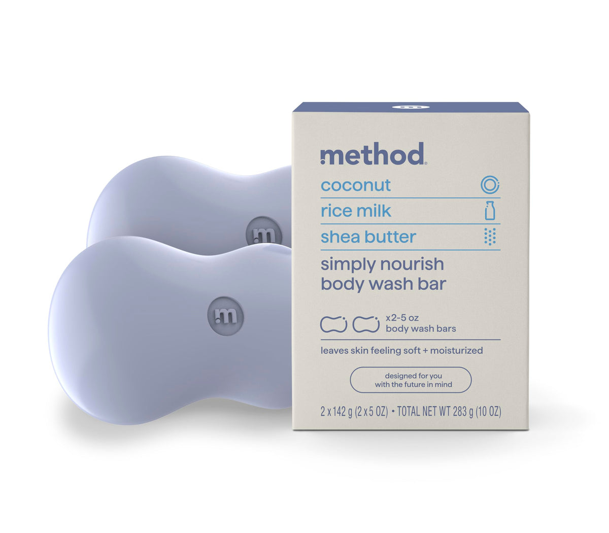 Method simply nourish front packaging showing two bars and scent notes for easy choice