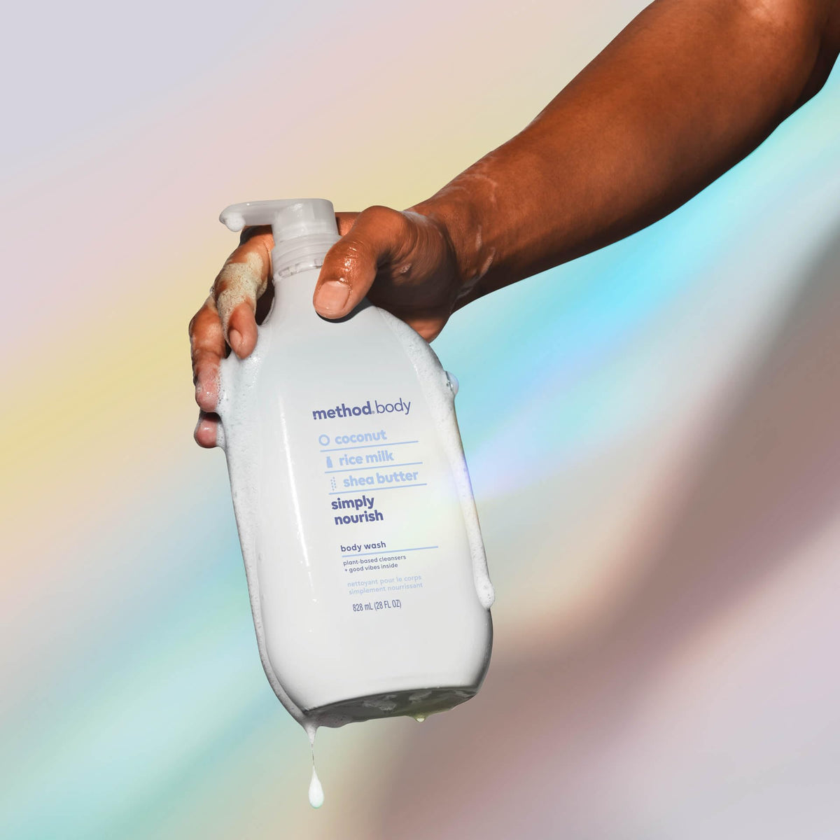 Method bottle in-shower use with loofah illustrating daily routine