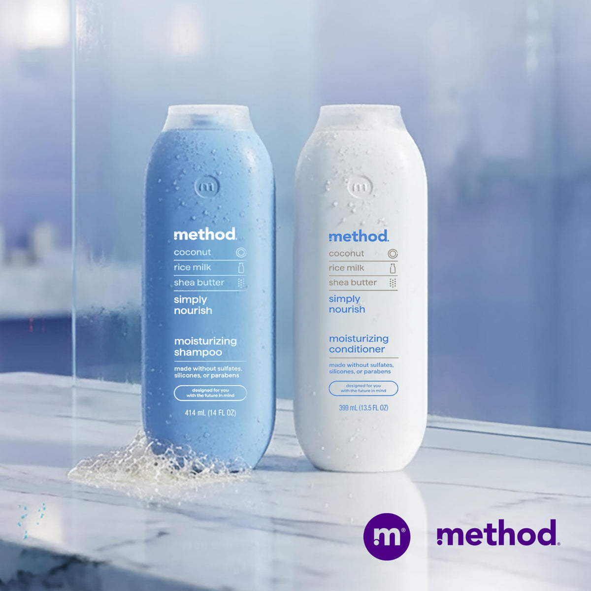 Bathroom shelf scene with Method bottle among towels portraying calming self-care moment