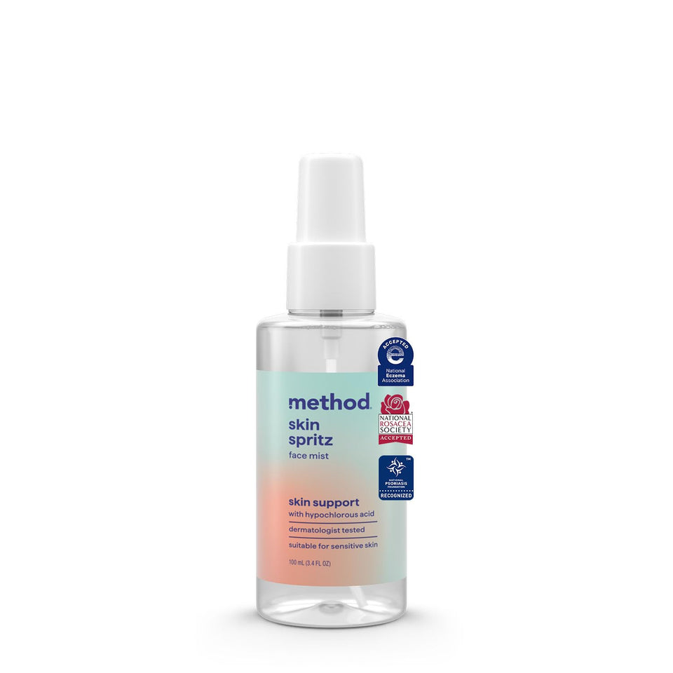 Method Skin Spritz front packaging shows compact travel bottle and clear label benefit