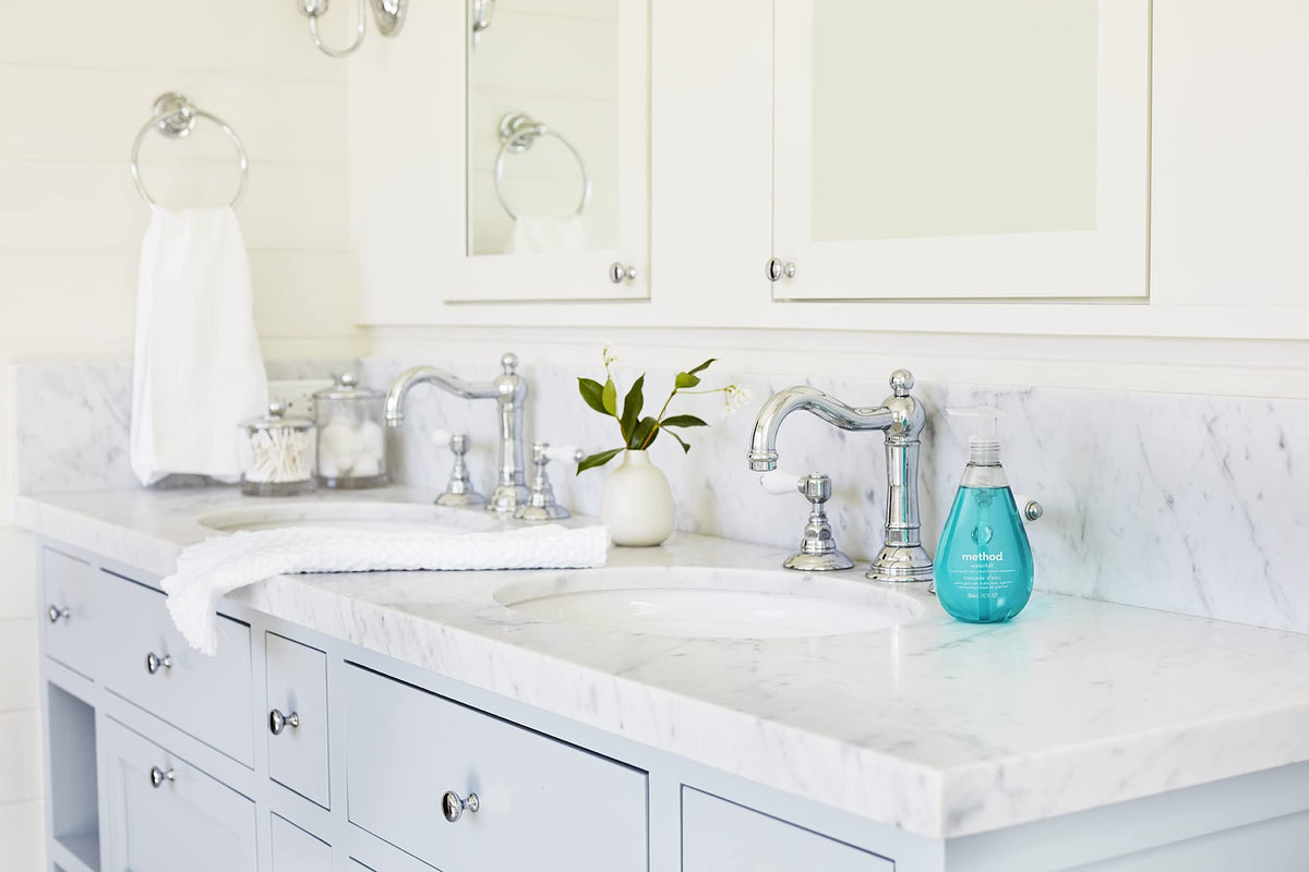 Method Sweet Water bottle in bathroom setting suggesting pleasant scent and daily use