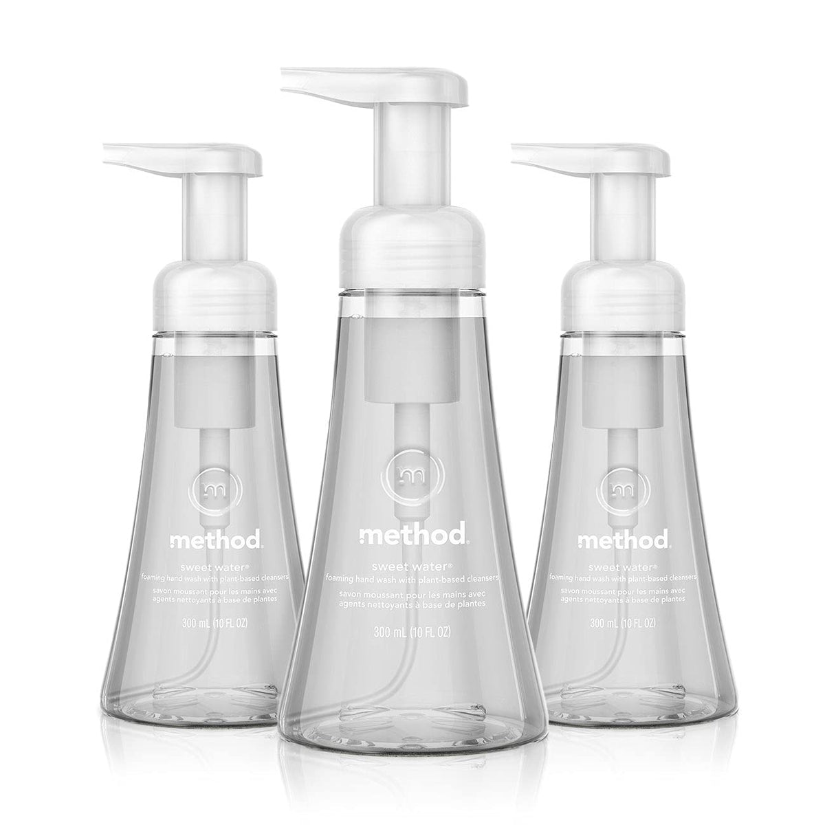 Method Sweet Water front packaging showing three recyclable bottles and label benefit