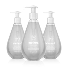 Method Sweet Water front packaging showing three 12 fl oz bottles and pumps, clear benefits