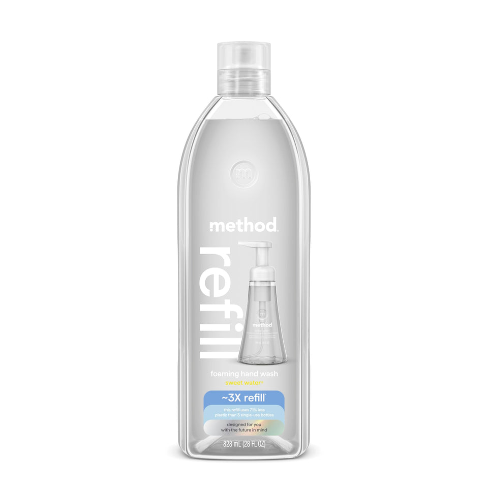 Method front packaging showing 28 oz recyclable refill tub and Sweet Water scent benefit