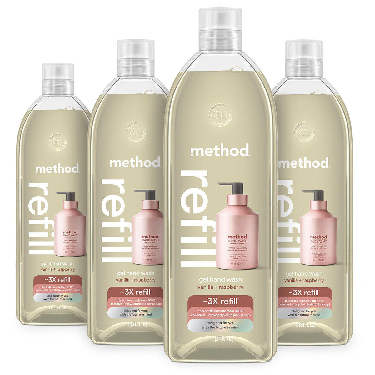 Method vanilla raspberry front packaging showing four large refill tubs and label benefit