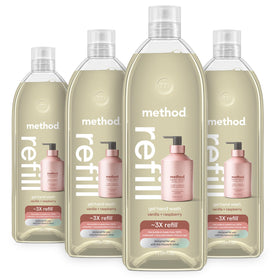 Method vanilla raspberry front packaging showing four large refill tubs and label benefit