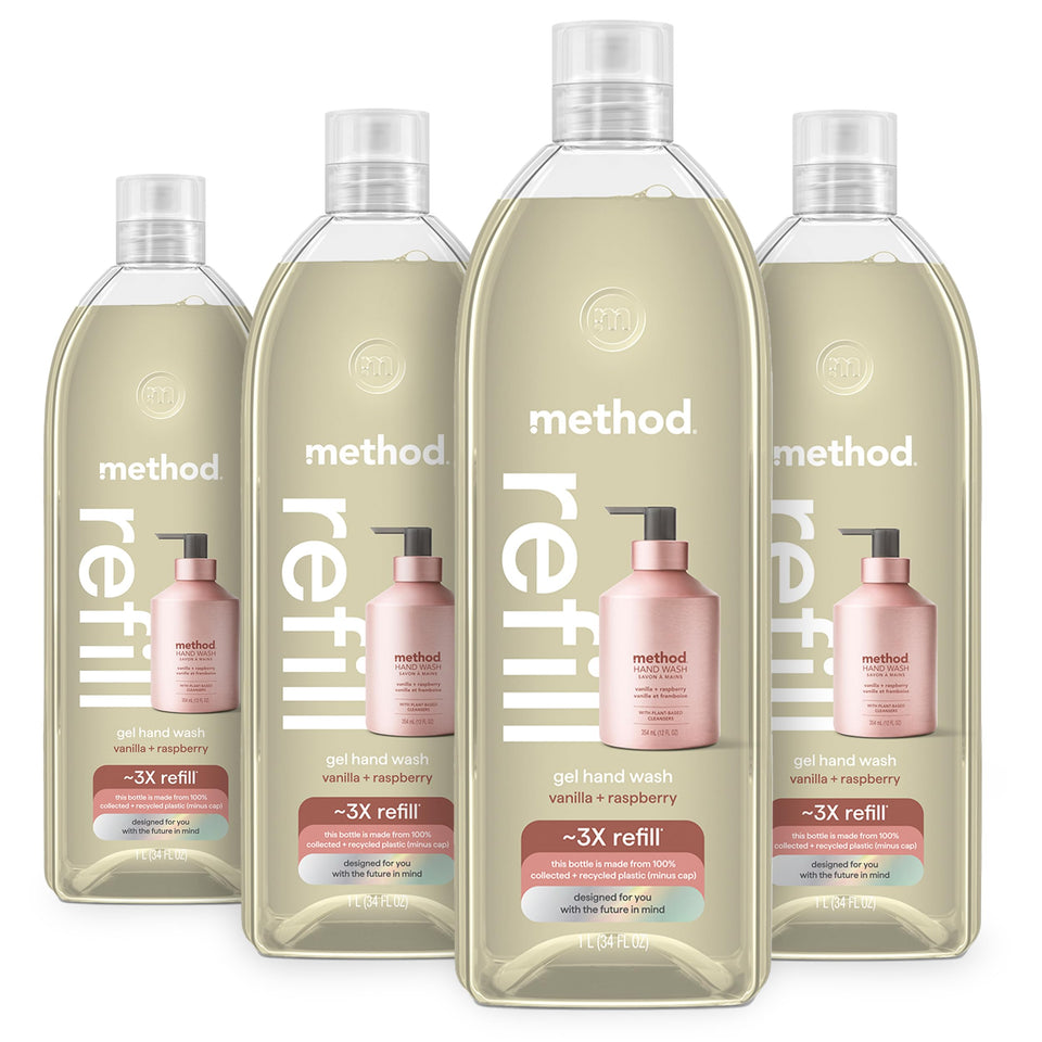 Method vanilla raspberry front packaging showing four large refill tubs and label benefit