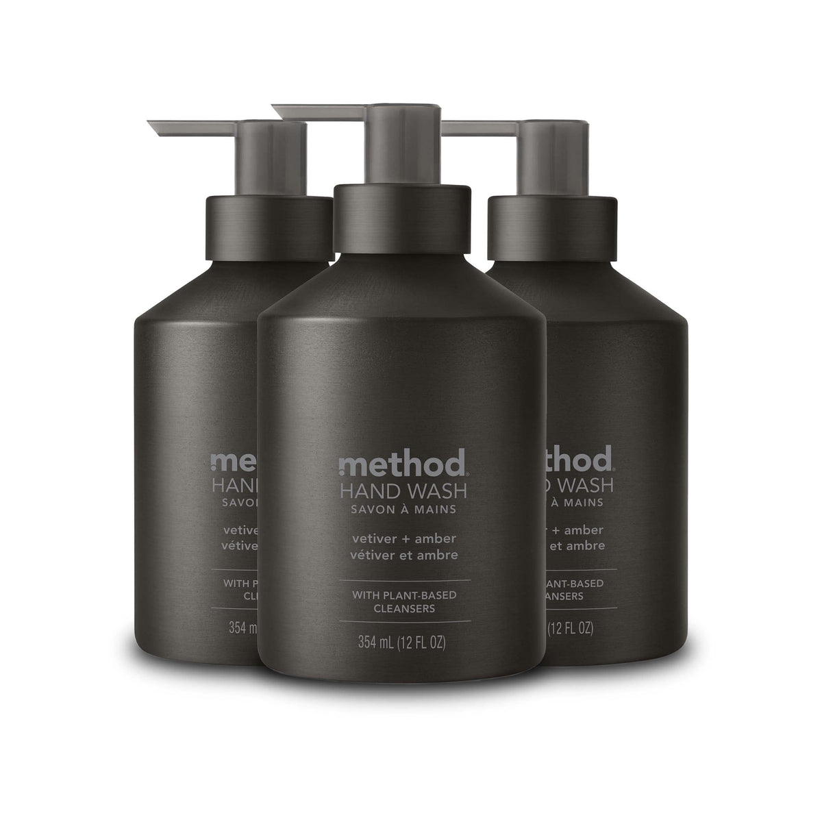 Method Vetiver + Amber front packaging in black aluminum bottle, elegant counter display benefit