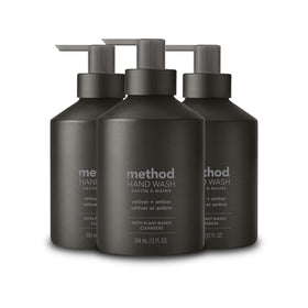 Method Vetiver + Amber front packaging in black aluminum bottle, elegant counter display benefit
