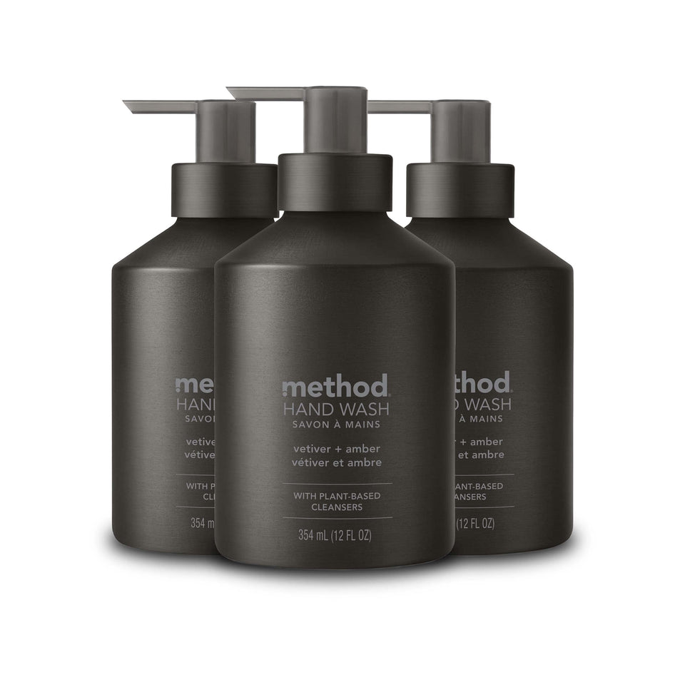 Method Vetiver + Amber front packaging in black aluminum bottle, elegant counter display benefit