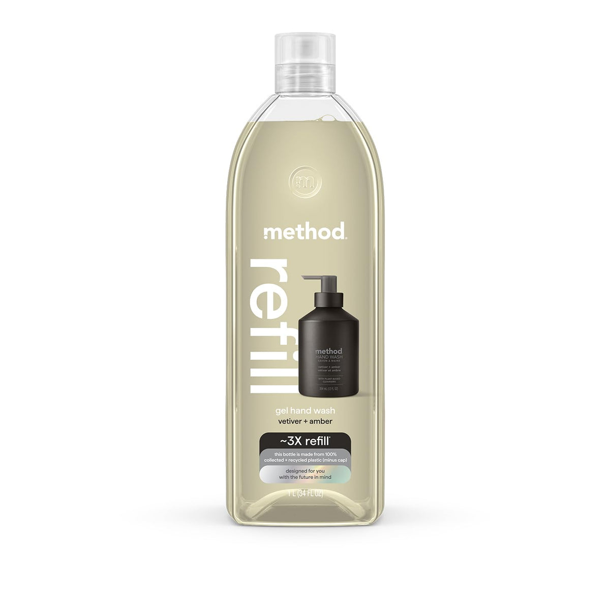 Method vetiver + amber front tub showing recyclable packaging and brand benefit