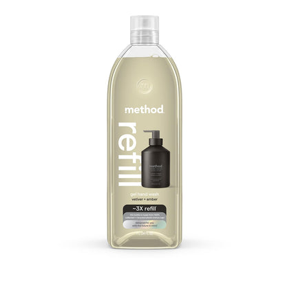 Method vetiver + amber front tub showing recyclable packaging and brand benefit