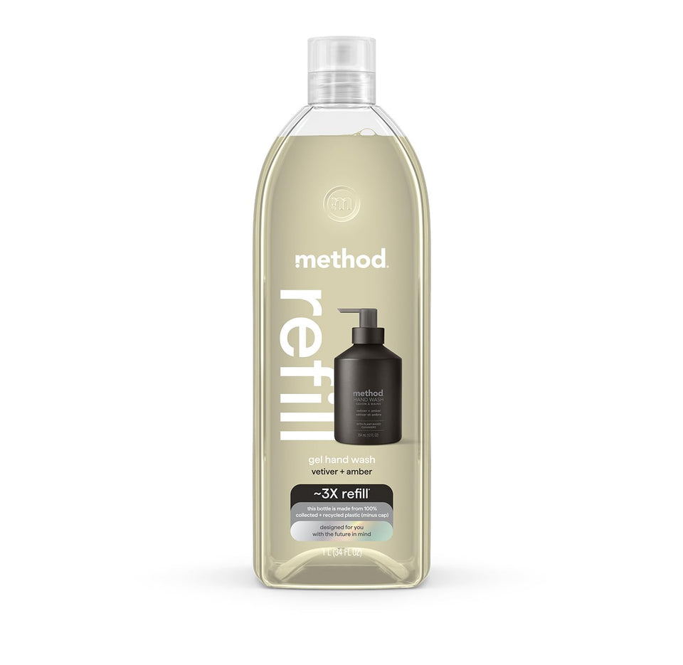Method vetiver + amber front tub showing recyclable packaging and brand benefit