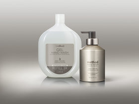 Method refill in a bathroom setting showing convenient everyday use
