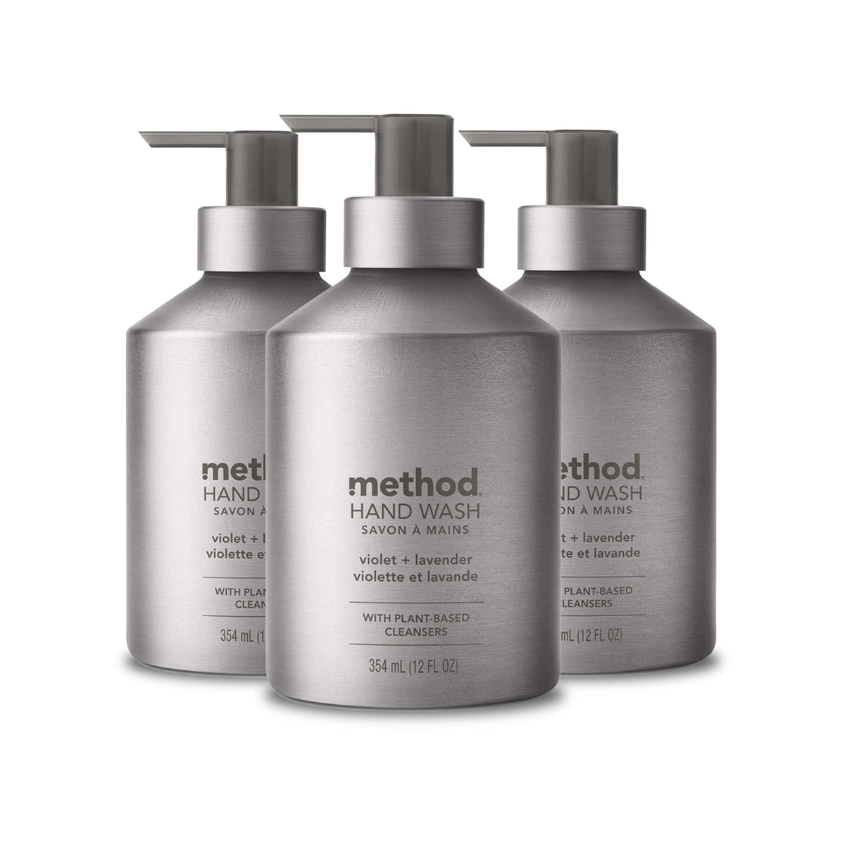 Method front packaging showing three silver refillable bottles for countertop appeal