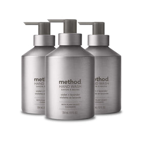 Method front packaging showing three silver refillable bottles for countertop appeal