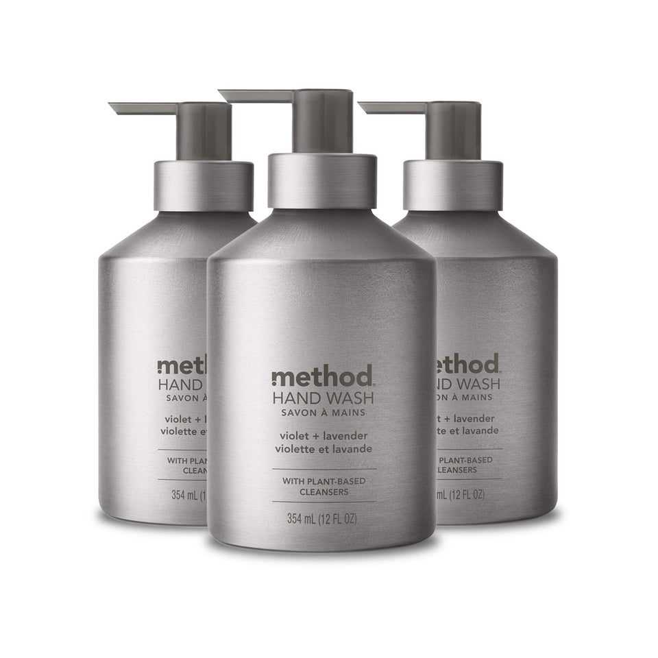 Method front packaging showing three silver refillable bottles for countertop appeal