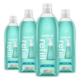 Method Waterfall front packaging showing four 28 oz refill bottles and eco messaging, reduces waste
