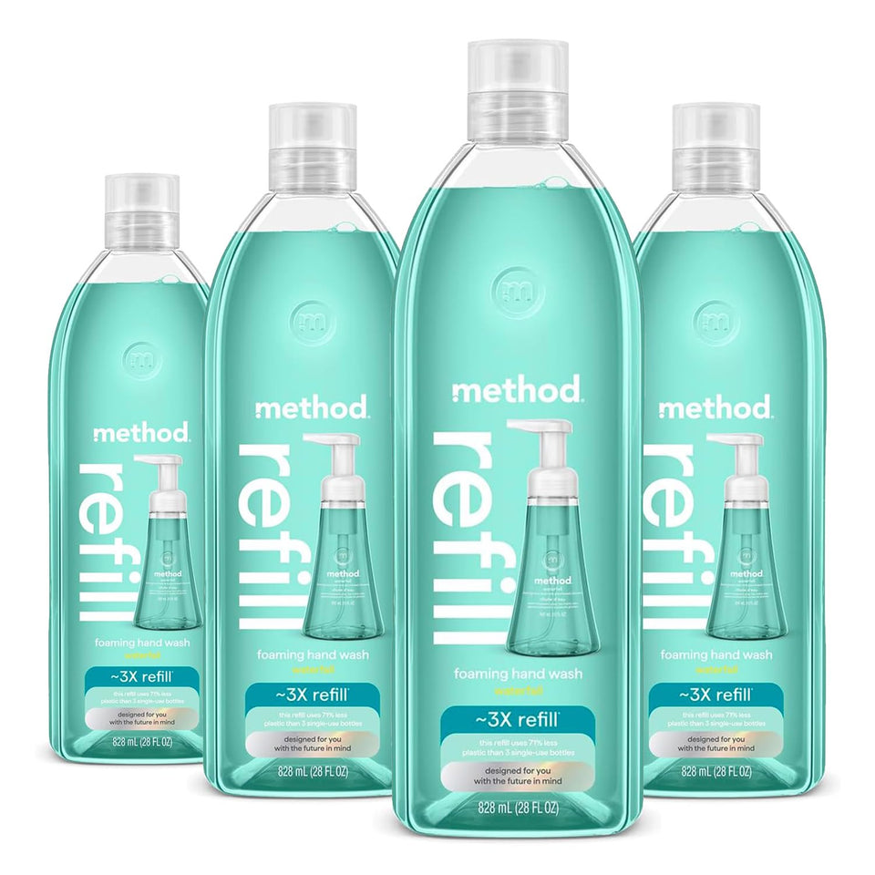 Method Waterfall front packaging showing four 28 oz refill bottles and eco messaging, reduces waste