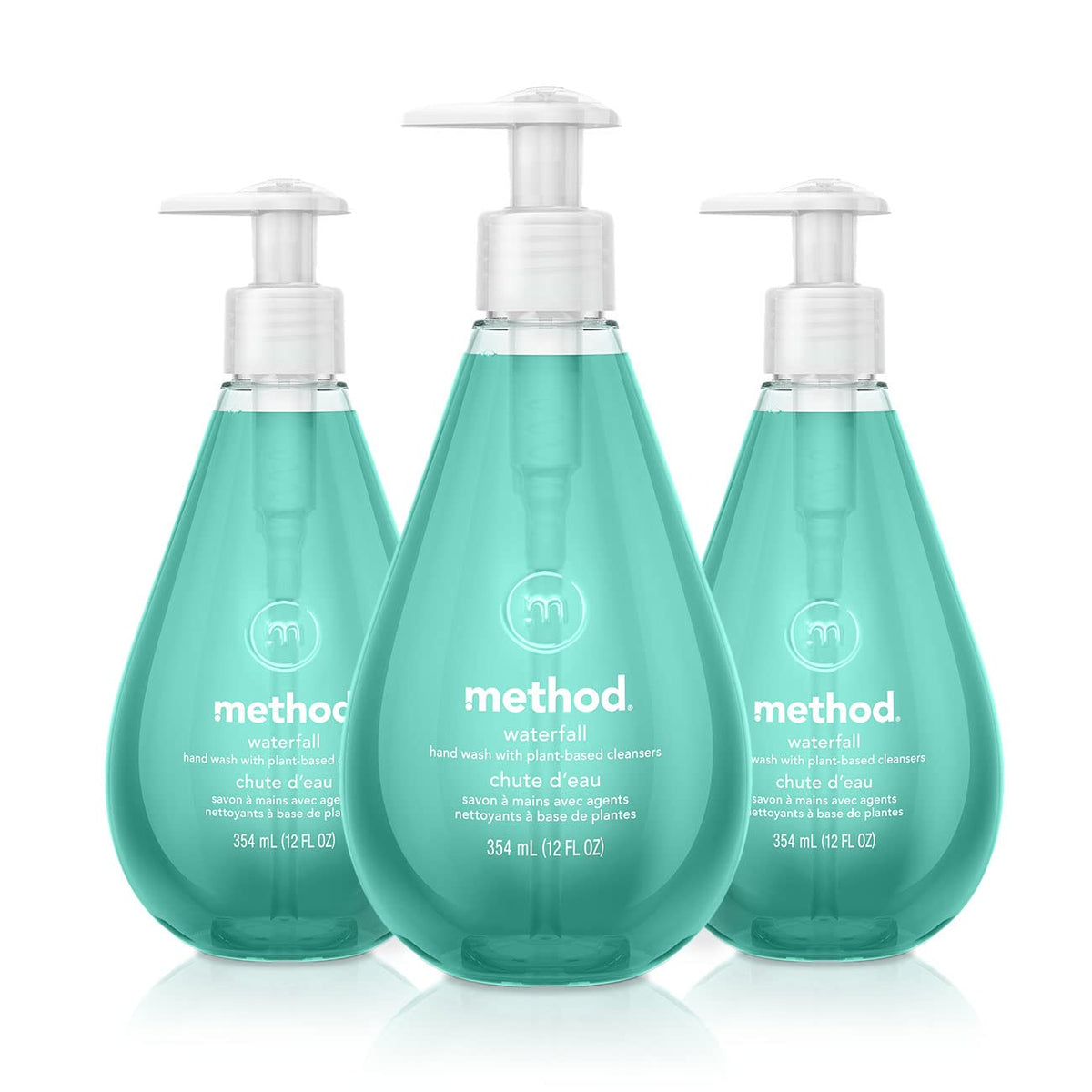 Method Waterfall front packaging showing three 12 fl oz bottles and label benefit