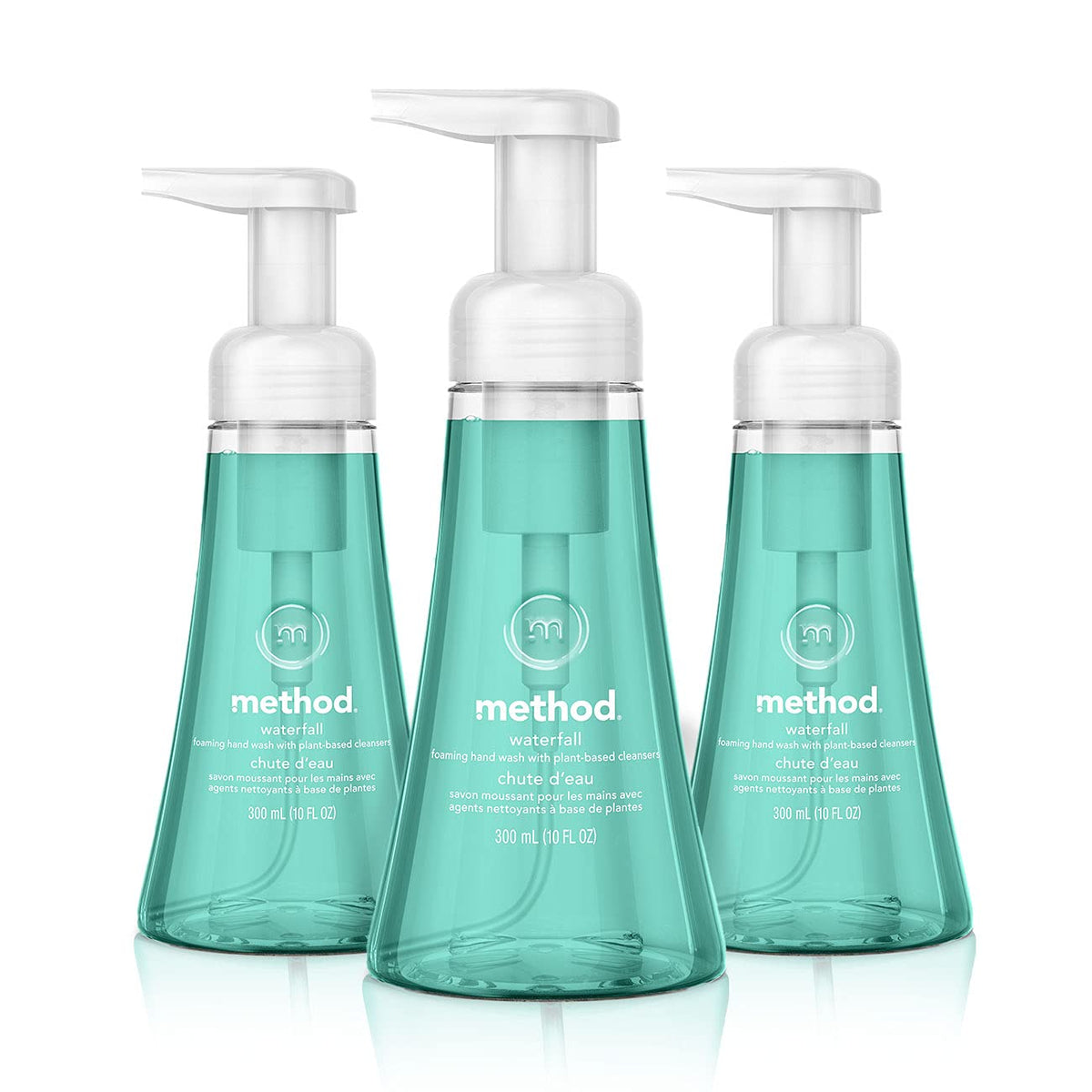 Method front packaging showing three Waterfall bottles and clear label, highlights convenience