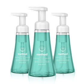 Method front packaging showing three Waterfall bottles and clear label, highlights convenience